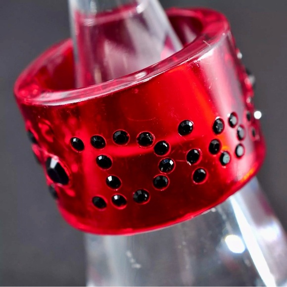 Dior Swarovski 1990s by John Galliano Logo Rhinestone Ring in Red Lucite - Picture 1 of 3